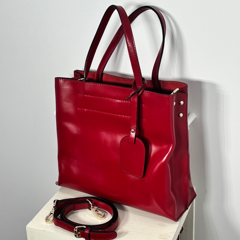 EUC NAWO Crossbody Shoulder Bag Genuine Leather Womens Tote Handbag Ruby Red